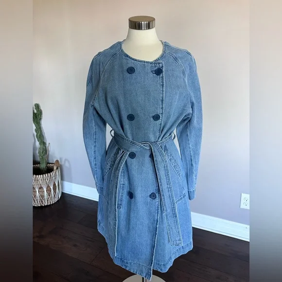 J. Crew Denim Trench Coat Double Breasted Collar Light Denim Woman's Large - Picture 5 of 15